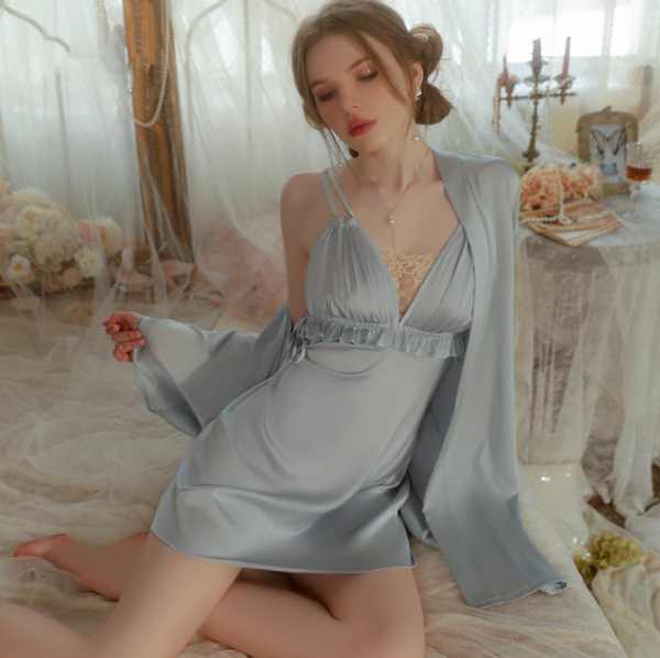 Princess Satin Lace Nightgown, Silky Long Lingerie, Pajama, Lace Robe, Bridal Nightie