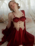 Princess Satin Lace Nightgown, Silky Long Lingerie, Pajama, Lace Robe, Bridal Nightie