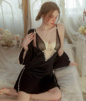 Princess Satin Chiffon Nightgown, Silky Lingerie, Pajama, Lace Robe, Bridal Nightie