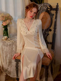 Satin Floral Lace Nightgown, Embroidery Long Lingerie, Pajama, Lace Robe, Bridal Nightie