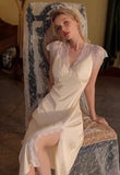 Satin Lace Nightgown, Silky Lace Lingerie, Long Pajama, Lace Negligee, Bridal Nightie