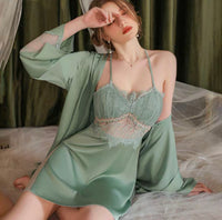 Satin Lace Nightgown, Silky Embroidery Lingerie, Pajama, Lace Robe, Bridal Nightie