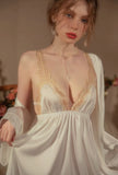 Romantic Back Open Nightgown, Silky Lace Lingerie, Pajama, Lace Robe, Bridal Nightie