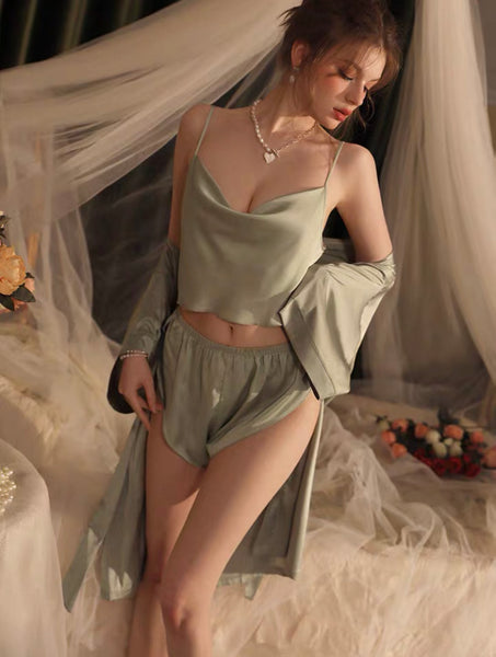 Satin Tied Lingerie Set, Silky Lace Lingerie, Pajama, Lace Top and Shorts, Bridal Lingerie