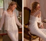 3 Pieces Dreaming Chiffon Lace Pajama Set, Robe, Embroidery Nightie, Lingerie, Loungewear