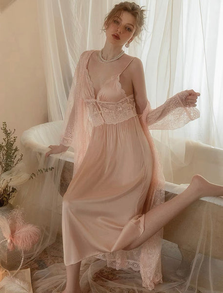 Romantic Satin Lace Pajama Set, Robe, Embroidery Nightie, Lingerie, Loungewear