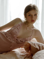 Satin Romantic Floral Embroidered Nightgown, Exquisite Lingerie Dress