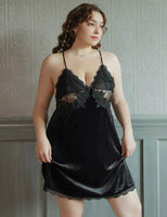 Plus Size Velvet Nightie, Lace Embroidery Lingerie Set, Velvet Nightgown, Plus Size Lingerie, Curve Slip