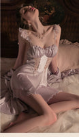 Romantic Ruffle Satin Nightgown, Silky Lace Lingerie, Pajama, Lace Robe, Bridal Nightie