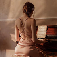 Elegant Back Criss Cross Satin Sheer Lace Nightgown, Lingerie Dress