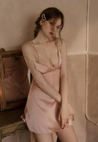Elegant Back Criss Cross Satin Sheer Lace Nightgown, Lingerie Dress