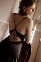 Elegant Back Criss Cross Satin Sheer Lace Nightgown, Lingerie Dress