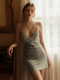 Elegant Satin Lace Floral Embroidered Nightgown/Exquisite Lingerie Dress