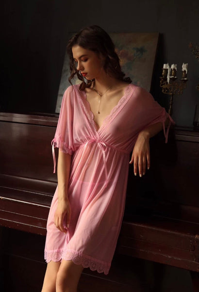 Elegant Sheer Lace Nightgown, Plus Sizes Available PINK