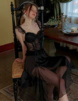 Satin Nightgown, Long Lace Lingerie, Pajama, See Through Robe, Wedding Gift, Birthday Gift, Anniversary Gift, Gift for Her
