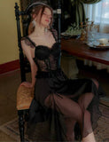 Satin Nightgown, Long Lace Lingerie, Pajama, See Through Robe, Wedding Gift, Birthday Gift, Anniversary Gift, Gift for Her