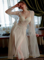 Satin Nightgown, Long Lace Lingerie, Pajama, See Through Robe, Wedding Gift, Birthday Gift, Anniversary Gift, Gift for Her