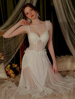 Satin Nightgown, Long Lace Lingerie, Pajama, See Through Robe, Wedding Gift, Birthday Gift, Anniversary Gift, Gift for Her