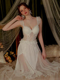 Satin Nightgown, Long Lace Lingerie, Pajama, See Through Robe, Wedding Gift, Birthday Gift, Anniversary Gift, Gift for Her