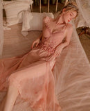 Satin Nightgown, Long Lace Lingerie, Pajama, See Through Robe, Wedding Gift, Birthday Gift, Anniversary Gift, Gift for Her