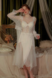 Satin Nightgown, Long Lace Lingerie, Pajama, See Through Robe, Wedding Gift, Birthday Gift, Anniversary Gift, Gift for Her