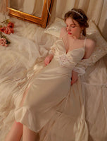 Satin Lace Nightgown, Silky Lace Lingerie, Long Pajama, Lace Robe, Bridal Nightie