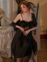 Satin Nightgown, Long Lace Lingerie, Fluffy Pajama, See Through Robe, Wedding Gift, Birthday Gift, Anniversary Gift, Gift for Her