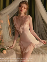 Satin Ruffle Nightgown, Silky Lace Lingerie, Pajama, Lace Robe, Bridal Nightie