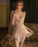 Satin Ruffle Nightgown, Silky Lace Lingerie, Pajama, Lace Robe, Bridal Nightie