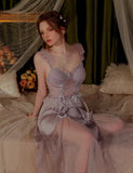 Satin Nightgown, Long Lace Lingerie, Pajama, See Through Robe, Wedding Gift, Birthday Gift, Anniversary Gift, Gift for Her