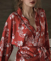 Kimono Floral Printed Pajama, Autumn Long-Sleeves Pajama