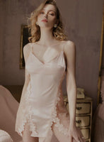 Romantic Floral Embroidered Lace Satin Nightgown, Exquisite Lingerie Dress