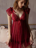 Sweet Bowknot Ribbon Sheer Nightgown, Plus Sizes Available