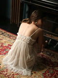 Elegant White Little Flower Embroidered Nightgown, Bridal Lingerie Dress