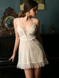 Elegant White Little Flower Embroidered Nightgown, Bridal Lingerie Dress